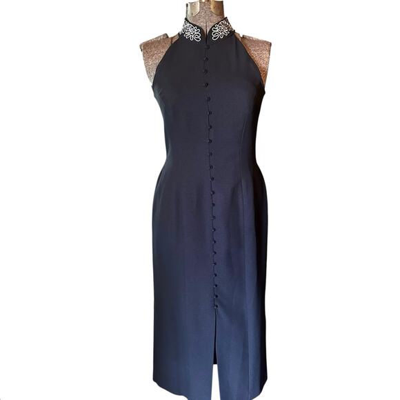 Vintage Liz Claiborne Black Halter Maxi Dress 8 Button Front Embroidered Collar - Picture 1 of 14